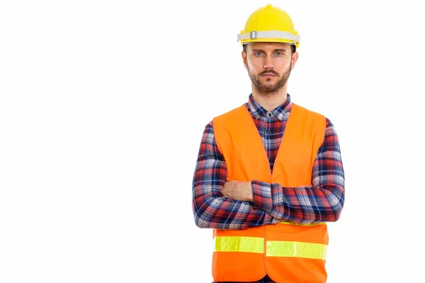 Studio Shot Jeune Homme Travailleur Construction Avec Les Bras Croisés — Photo