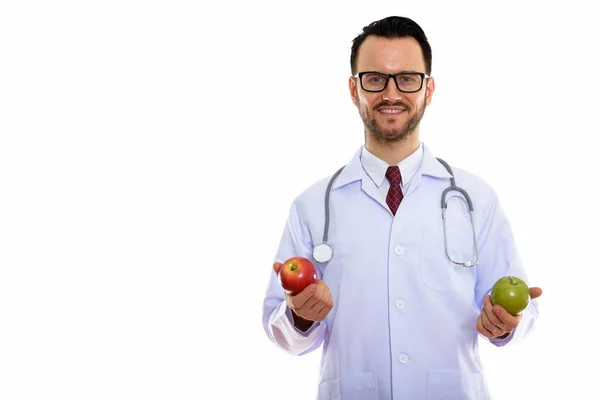 Studio Shot Happy Young Man Doctor Smiling While Holding Red — Stock Photo, Image