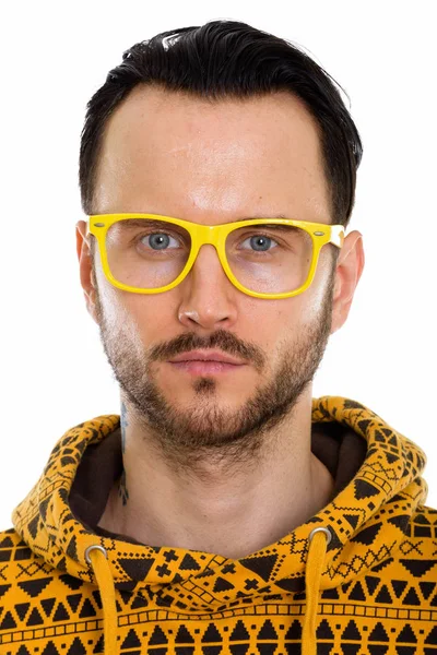 Gesicht Eines Jungen Mannes Mit Gelber Brille — Stockfoto