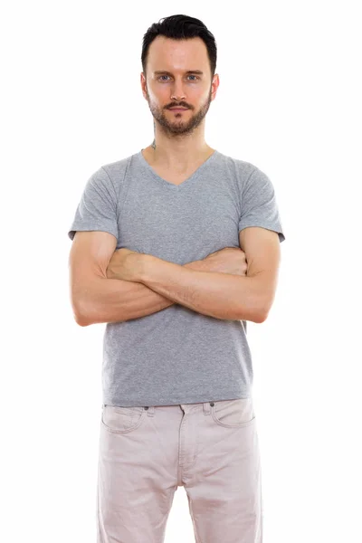 Studio Shot Young Man Standing Arms Crossed — Stock Photo, Image