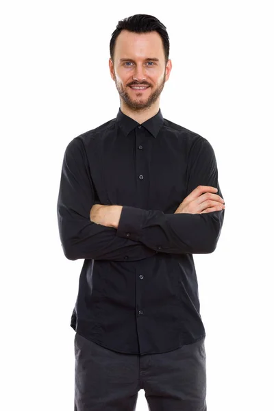 Studio Shot Happy Young Man Smiling Standing Arms Crossed — Stock Photo, Image