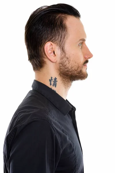 Vista Del Perfil Del Joven Con Tatuaje Cuello — Foto de Stock