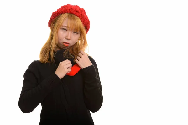 Young Cute Asian Woman Red Heart Chest Looking Sad Stock Image