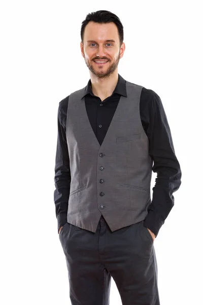 Studio Shot Happy Young Man Smiling While Standing Wearing Vest — Stock Photo, Image