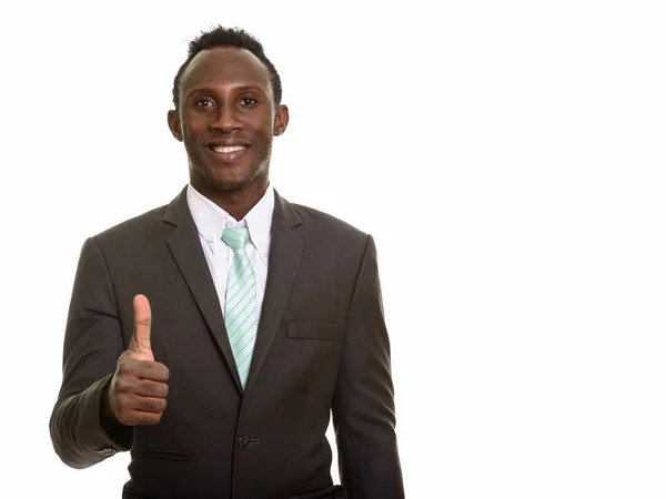 Fiatal Boldog Fekete Afrikai Üzletember Mosolyog Feladja Hüvelykujját — Stock Fotó
