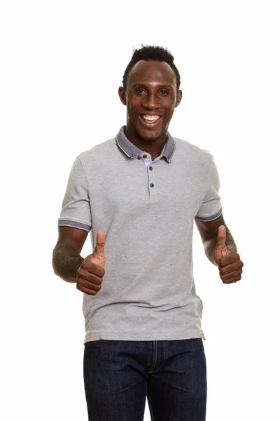 Młody Szczęśliwy Czarny Afryki Człowiek Dając Kciuki Górę — Zdjęcie stockowe