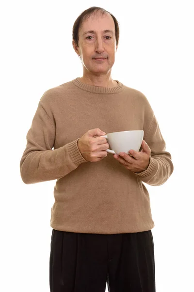 Studio Shot Mature Man Holding Coffee Cup — Stock Photo, Image