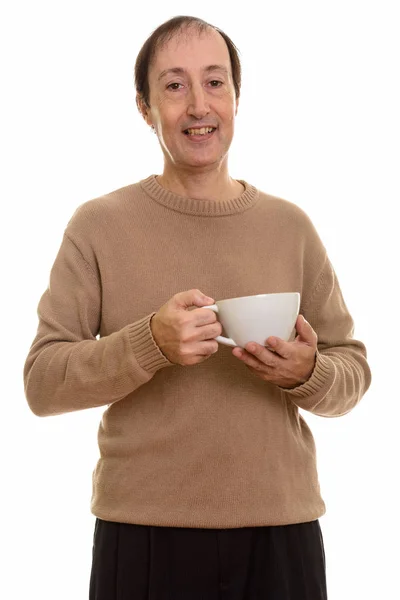 Studio Shot Happy Mature Man Smiling While Holding Coffee Cup — Stock Photo, Image