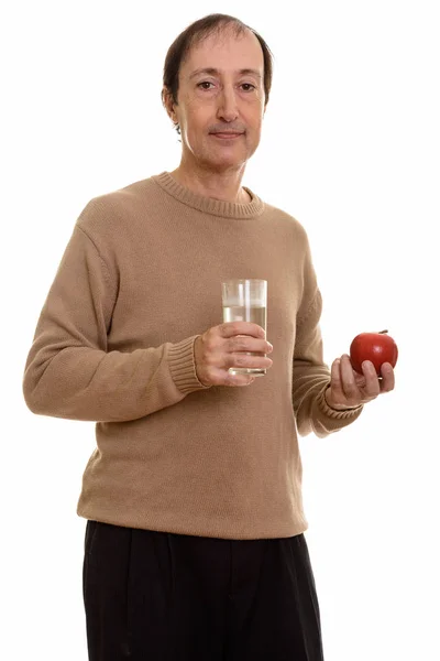 Studio Shot Mature Man Holding Glass Water Red Apple — Stock Photo, Image