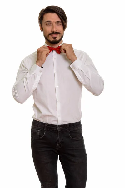 Estudio Disparo Hombre Guapo Guiñando Sosteniendo Corbata Lazo — Foto de Stock