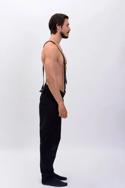 Full Body Shot Προβολή Προφίλ Του Όμορφος Μυώδης Άνδρας Τιράντες — Φωτογραφία Αρχείου