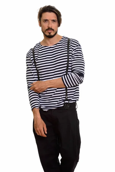 Studio Shot Handsome Man Posing While Holding Long Sleeves — Stock Photo, Image