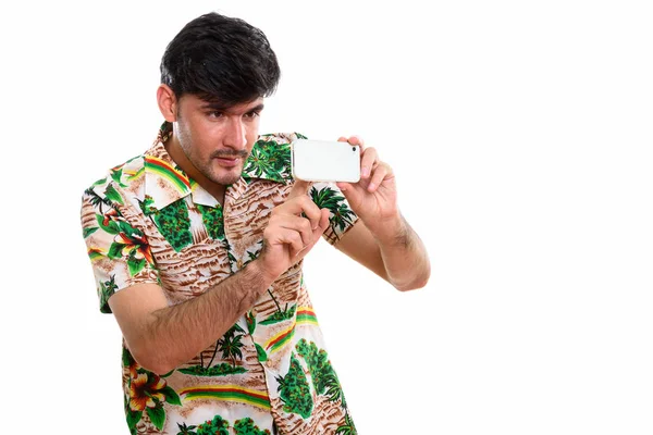 Thoughtful Young Persian Man Taking Picture Mobile Phone — Stock Photo, Image
