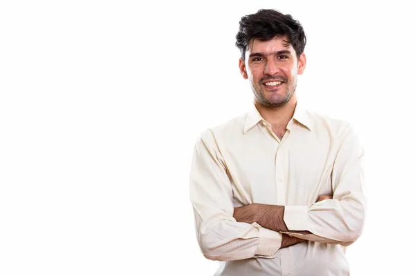 Зйомки Молодого Щасливого Перського Бізнесмена Який Посміхається Перехрещених Рук — стокове фото