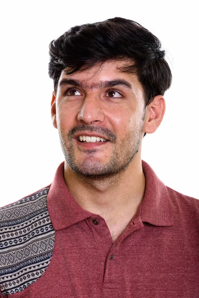 Rostro Joven Feliz Hombre Persa Sonriendo Pensando Mientras Mira Hacia — Foto de Stock