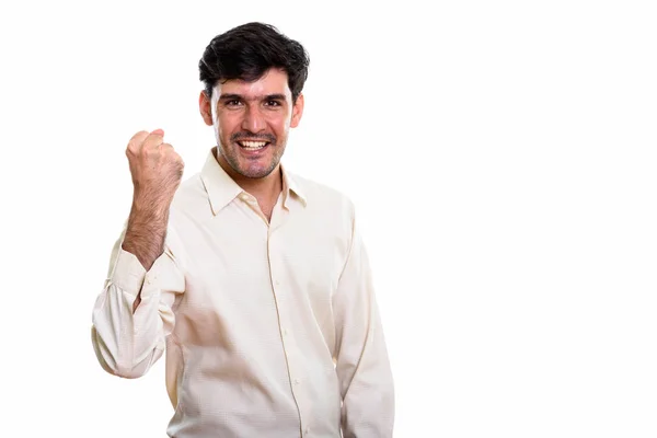 Studio Shot Young Happy Persian Businessman Smiling While Looking Motivated — Stock Photo, Image