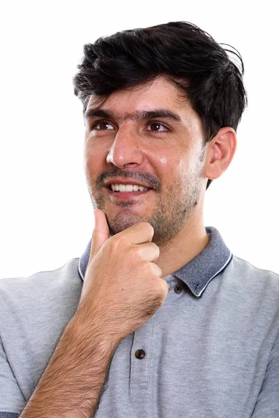 Обличчя Молодого Щасливого Перського Чоловіка Який Посміхається Думає Дивлячись Вгору — стокове фото