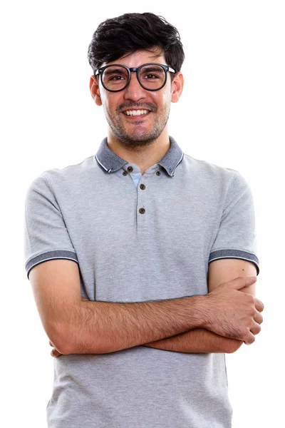 Estúdio Tiro Jovem Feliz Persa Homem Sorrindo Enquanto Vestindo Óculos — Fotografia de Stock