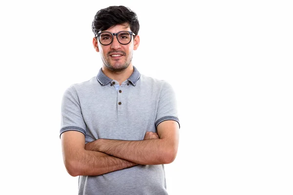 Estúdio Tiro Jovem Feliz Persa Homem Sorrindo Enquanto Vestindo Óculos — Fotografia de Stock