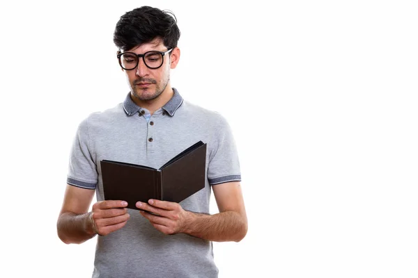 Studio Shot Young Persian Man Reading Book — Stock Photo, Image