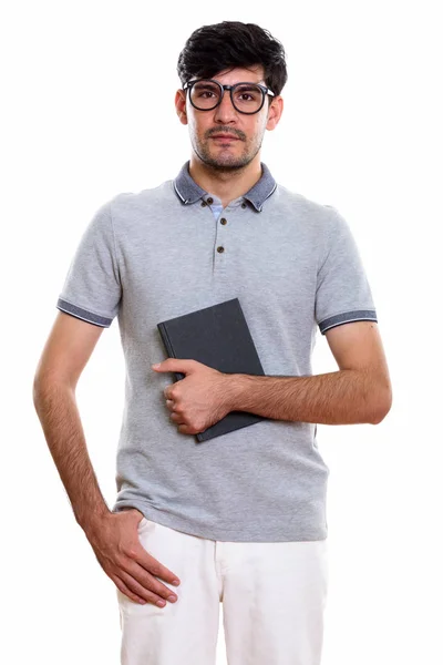 Studio Shot Young Persian Man Holding Book — Stock Photo, Image