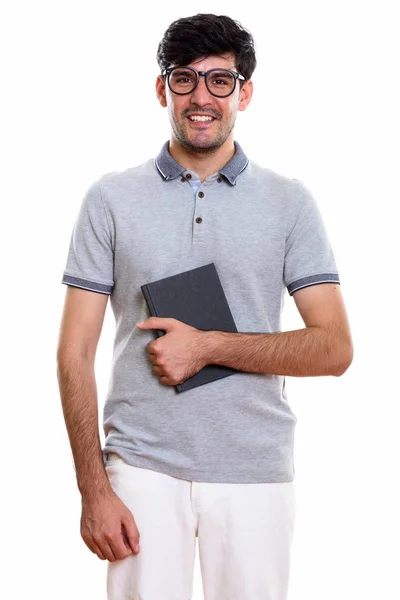 Studio Shot Young Happy Persian Man Smiling While Holding Book — Stock Photo, Image