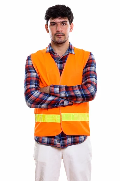 Estúdio Tiro Jovem Homem Persa Trabalhador Construção Com Braços Cruzados — Fotografia de Stock