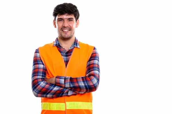 Estudio Disparo Joven Feliz Hombre Persa Trabajador Construcción Sonriendo Con —  Fotos de Stock