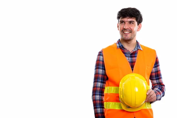 Mladý Šťastný Perský Muž Stavební Dělník Usmívá Drží Bezpečnostní Přilbu — Stock fotografie