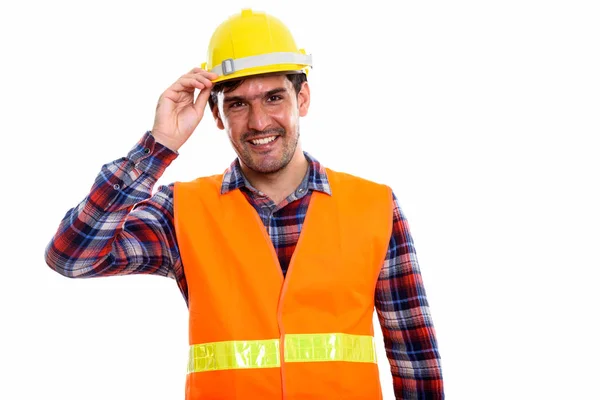 Studio Shot Young Happy Persian Man Construction Worker Smiling While — Stock Photo, Image