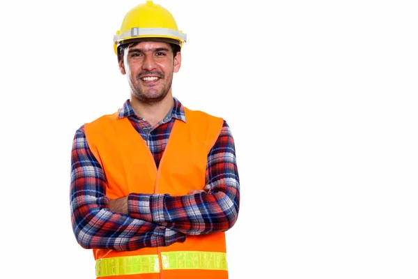 Studio Shot Young Happy Persian Man Construction Worker Smiling Arms — Stock Photo, Image