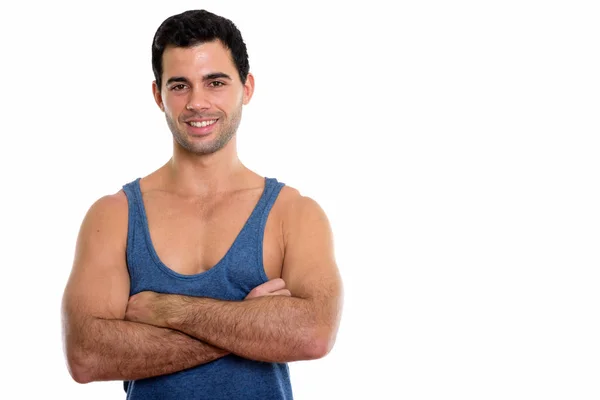 Estúdio Tiro Jovem Feliz Bonito Hispânico Homem Sorrindo Com Braços — Fotografia de Stock