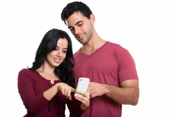 Studio Shot Young Happy Couple Smiling While Using One Mobile — Stock Photo, Image