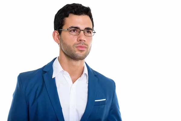 Estúdio Tiro Jovem Bonito Empresário Hispânico Vestindo Óculos Pensando — Fotografia de Stock