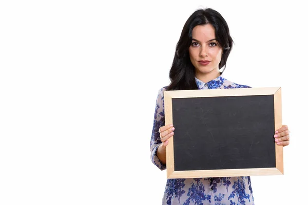 Studio Shot Young Beautiful Spanish Businesswoman Holding Blank Blackboard — Stock Photo, Image