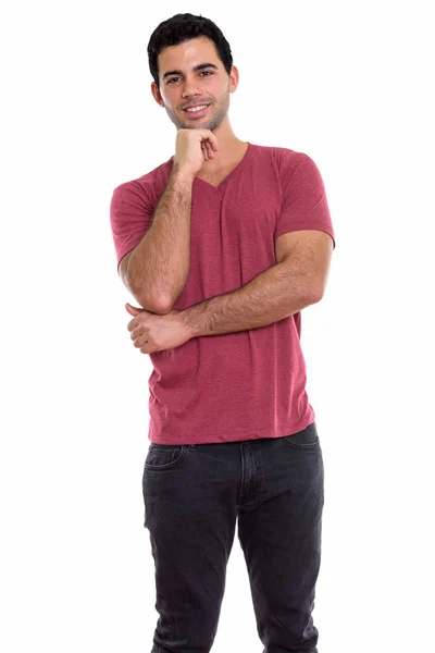 Studio Shot Young Happy Hispanic Man Smiling While Thinking — Stock Photo, Image