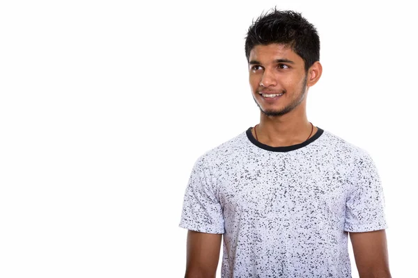 Estudio Tiro Joven Feliz Indio Hombre Sonriendo Pensando Mientras Mira — Foto de Stock