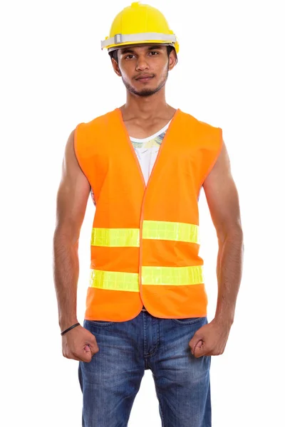 Studio Shot Young Handsome Indian Man Construction Worker Standing — Stock Photo, Image