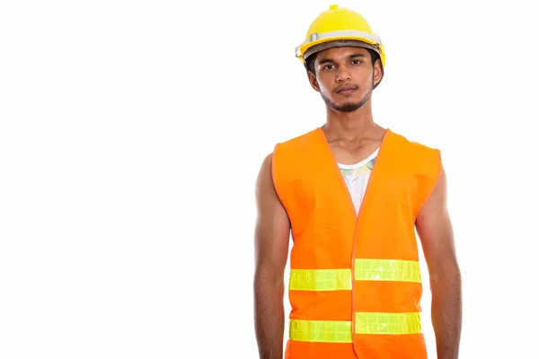 Studio Shot Young Handsome Indian Man Construction Worker — Stock Photo, Image