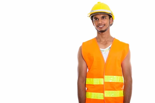 Estúdio Tiro Jovem Homem Indiano Feliz Trabalhador Construção Sorrindo Pensando — Fotografia de Stock