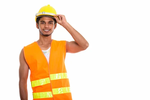 Young Happy Indian Man Construction Worker Smiling While Holding Safety — Stock Photo, Image