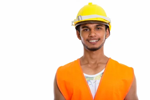 Στούντιο Πλάνο Του Νεαρού Ευτυχισμένη Ινδός Εργάτης Οικοδομών Χαμογελώντας — Φωτογραφία Αρχείου