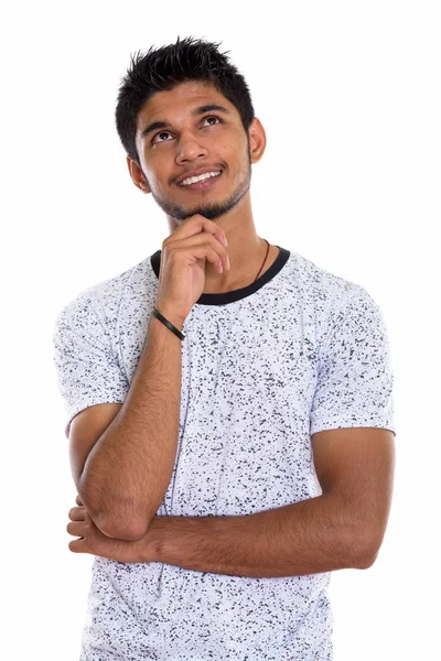 Studio Shot Young Happy Indian Man Smiling Thinking While Looking — Stock Photo, Image