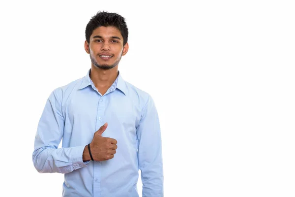 Studio Shot Young Happy Indian Man Smiling While Giving Thumb — Stock Photo, Image