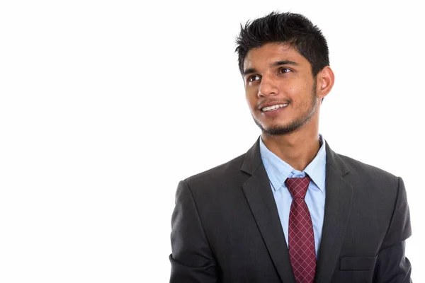 Estúdio Tiro Jovem Feliz Empresário Indiano Sorrindo Enquanto Pensa — Fotografia de Stock