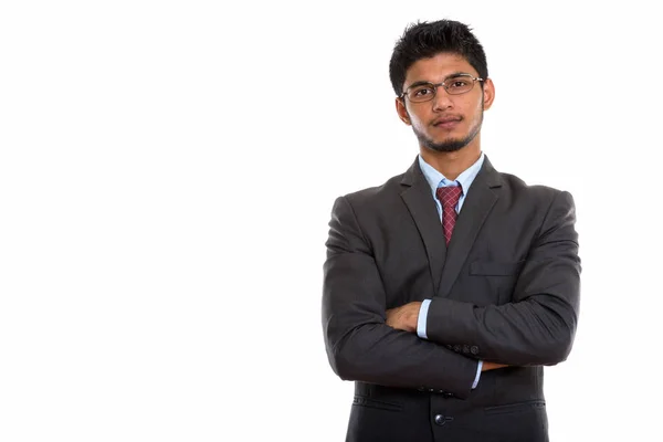 Studioaufnahme Eines Jungen Gut Aussehenden Indischen Geschäftsmannes Mit Brille Und — Stockfoto