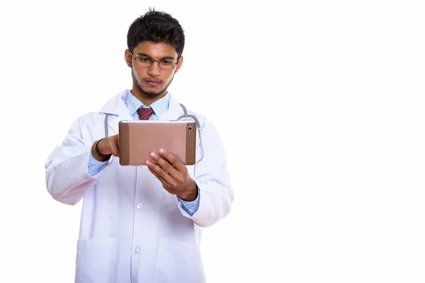 Studio Shot Young Handsome Indian Man Doctor Using Digital Tablet — Stock Photo, Image
