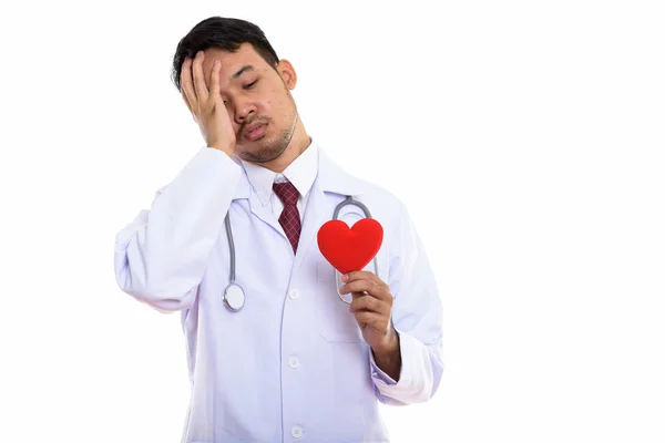 Studio Shot Young Asian Man Doctor Holding Red Heart While — Stock Photo, Image