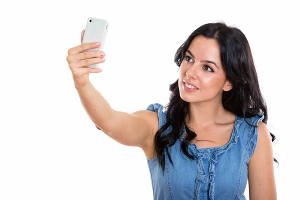 Studio Shot Young Happy Spanish Woman Smiling While Taking Selfie Stock Picture