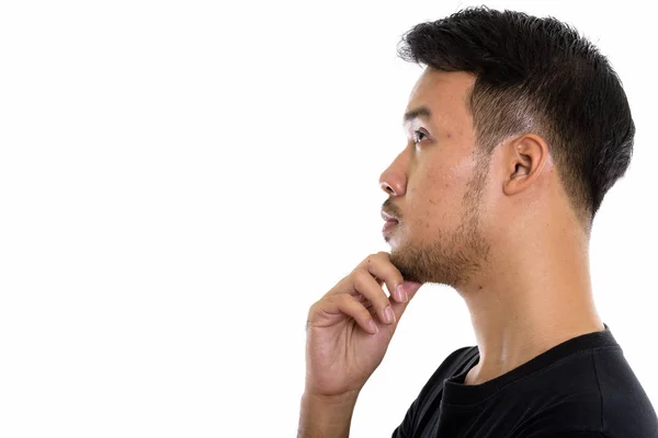 Perfil Vista Jovem Asiático Homem Pensando Enquanto Olha Para Cima — Fotografia de Stock